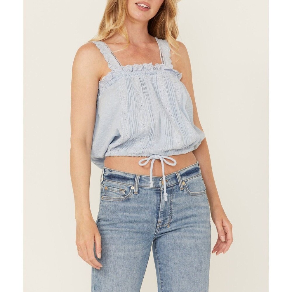 Free People Because Of You Tank Top Cropped Floral Embroidered Blue S 287016